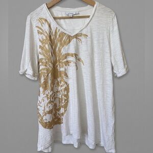Chico's White Cotton Modal Slub Knit V-Neck T-Shirt Gold Pineapple Graphic Large